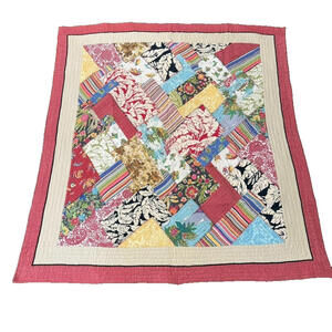 Pottery Barn Patchwork Quilt Blanket 82x79 Red Plaid Back Cottage Farmhouse